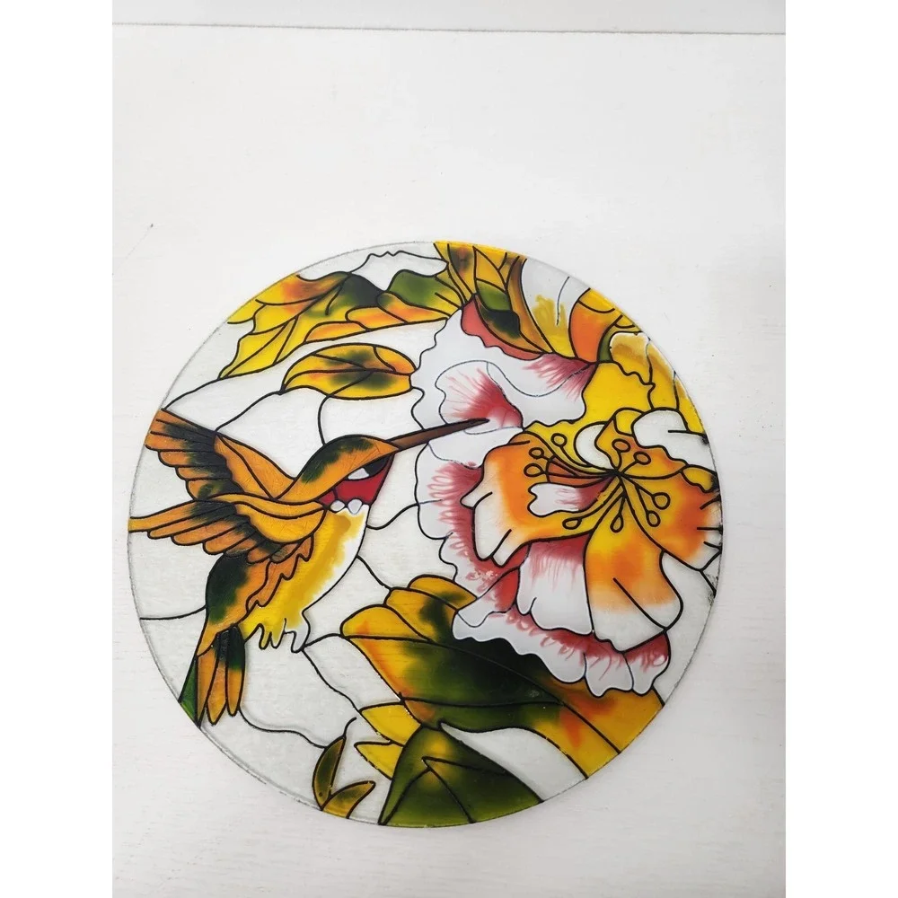 Vintage Stained Glass Hummingbird And Flowers Round Display Plate Decorative